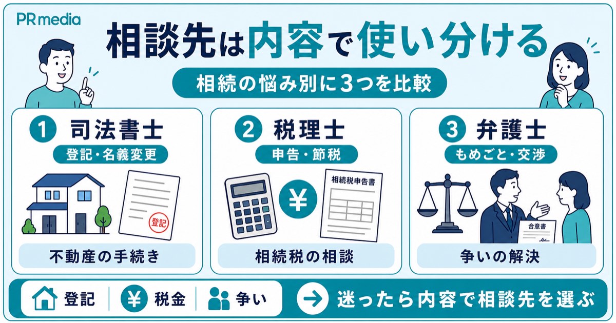 相続の相談先である司法書士・税理士・弁護士の違いを示す見出し画像