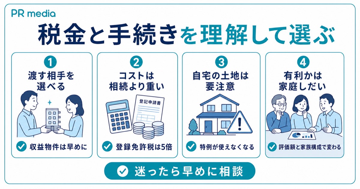 不動産の生前贈与は税金・費用と手続きを理解して選ぶというまとめを示す見出し画像