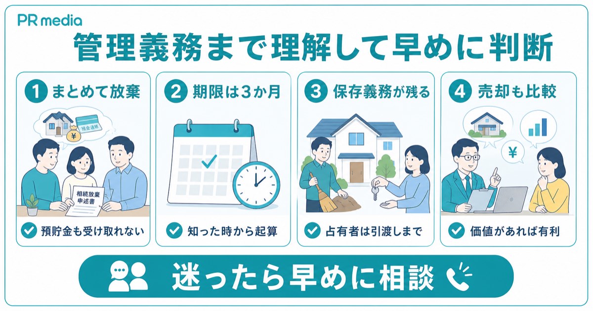 管理義務まで理解して早めに相続放棄を判断するというまとめを示す見出し画像