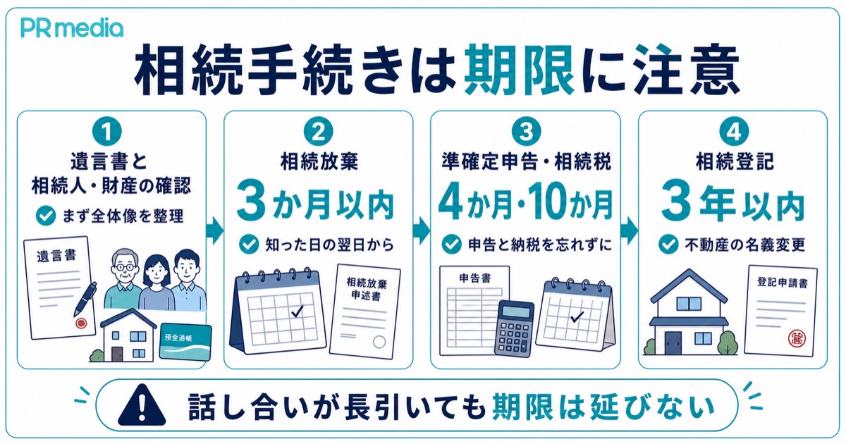 遺言書の確認から相続登記まで世帯主が亡くなったあとの相続手続きを示す見出し画像
