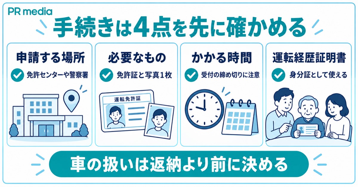免許返納の手続きで申請場所・必要なもの・時間・運転経歴証明書の4点を確かめることを示す見出し画像