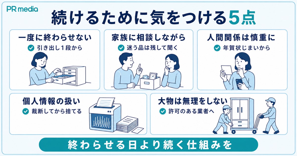身辺整理を無理なく続けるために家族への相談や個人情報の扱いなど気をつける5点を示す見出し画像