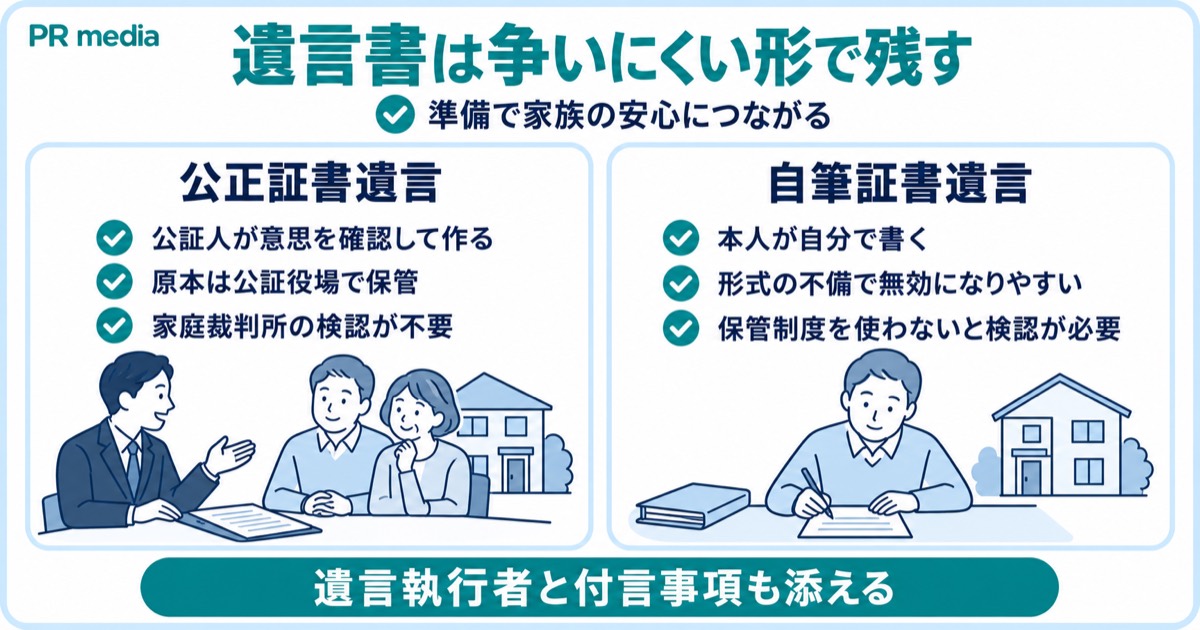 前妻の子がいる相続で公正証書遺言と自筆証書遺言の違いと遺言書作成のポイントを示す見出し画像