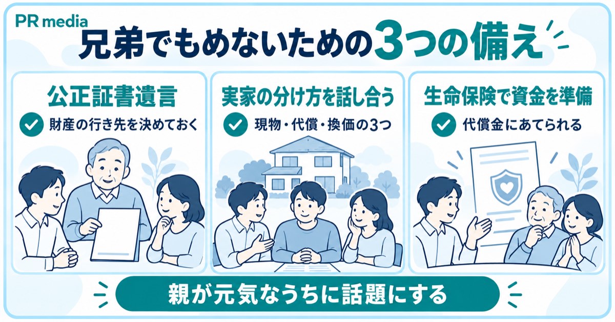 公正証書遺言や実家の分け方の話し合い・生命保険など兄弟の相続トラブルを防ぐ生前の備えを示す見出し画像