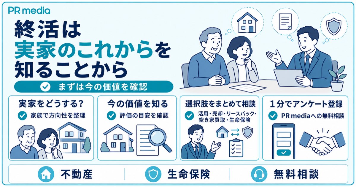 終活で実家や持ち家の評価や活用・売却と財産の整理についてPR mediaへ無料相談できることを示す見出し画像