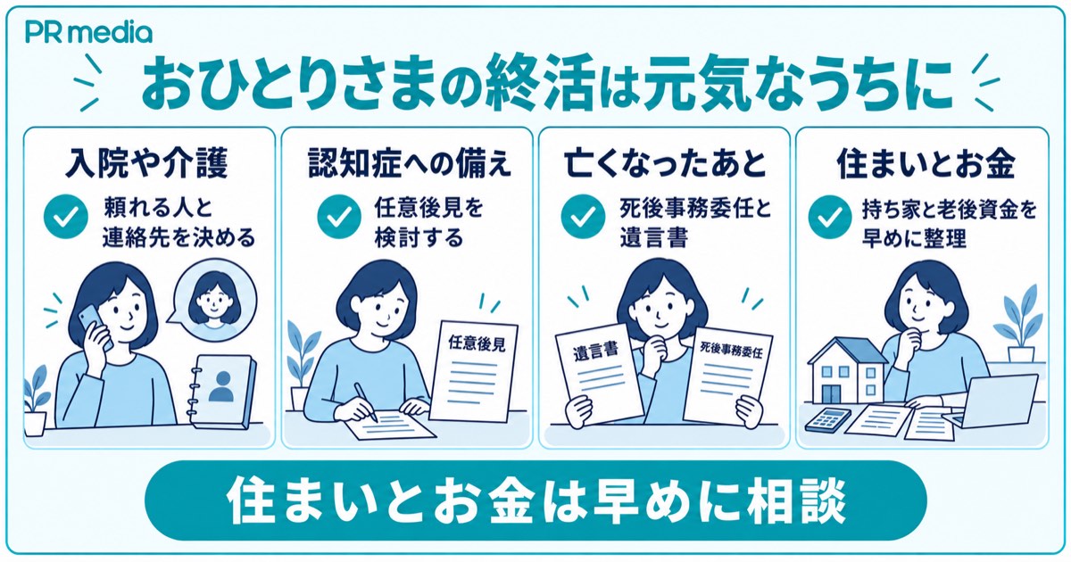 おひとりさまの終活は元気なうちに始め持ち家や老後資金は早めに相談するとまとめた見出し画像